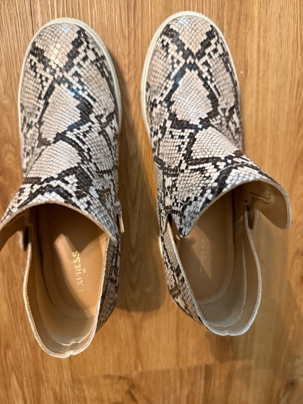 Express Snake-Print Slip-On Ankle Booties in Neutral Black and Cream